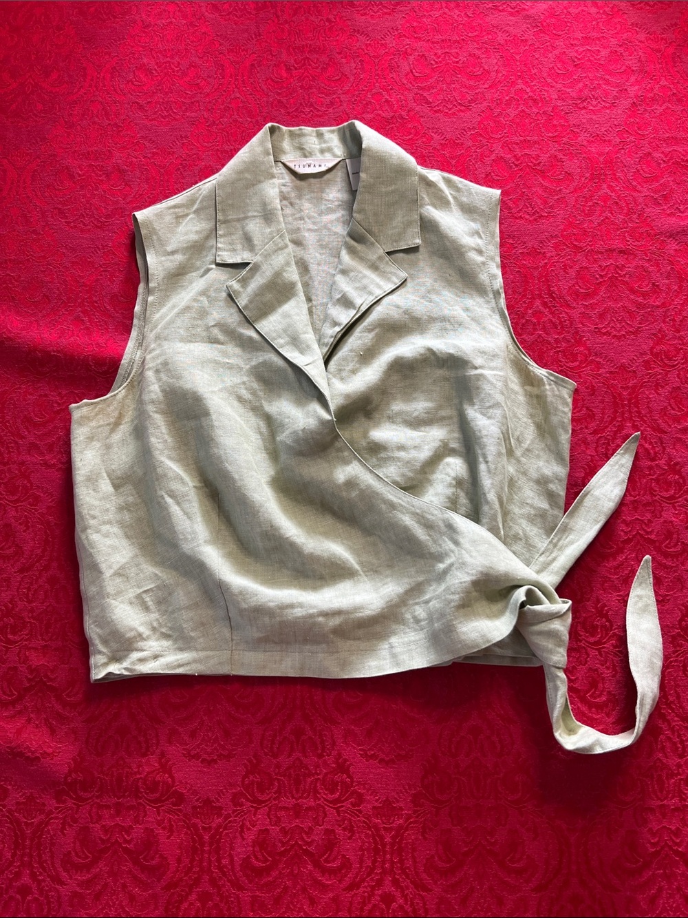 Tsunami 100% Linen Sleeveless Wrap Top Women's Medium Sage Green Side Tie Blouse